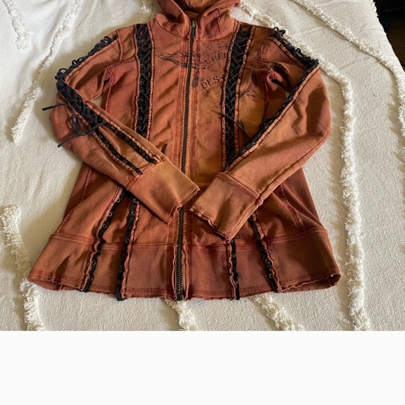 SALVAGE Y2K Corset Lace Up Sleeves Distressed Grunge Hoodie. L - Picture 2 of 12
